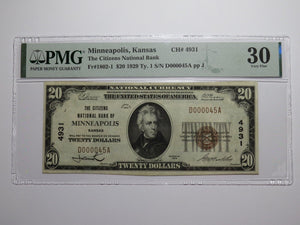 $20 1929 Minneapolis Kansas National Currency Bank Note Bill Ch. #4931 VF30 PMG