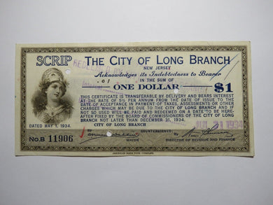 $1 1934 Long Branch New Jersey NJ Obsolete Currency Bank Note Scrip City of LB