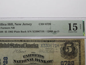 $5 1902 Mullica Hill New Jersey NJ National Currency Bank Note Bill #6728 F15