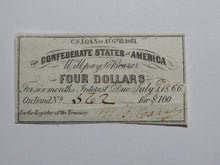 Load image into Gallery viewer, $4 1861 Confederate Bond Coupon Certificate Currency Bank Note Bill UNC