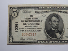 Load image into Gallery viewer, $5 1929 Blossburg Pennsylvania PA National Currency Bank Note Bill Ch. #13381 VF