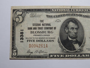 $5 1929 Blossburg Pennsylvania PA National Currency Bank Note Bill Ch. #13381 VF