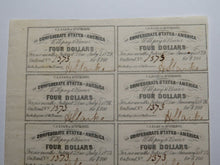 Load image into Gallery viewer, $4 1861 Confederate Bond Coupon Certificate Uncut Sheet Currency Bank Note Bill