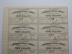 $4 1861 Confederate Bond Coupon Certificate Uncut Sheet Currency Bank Note Bill