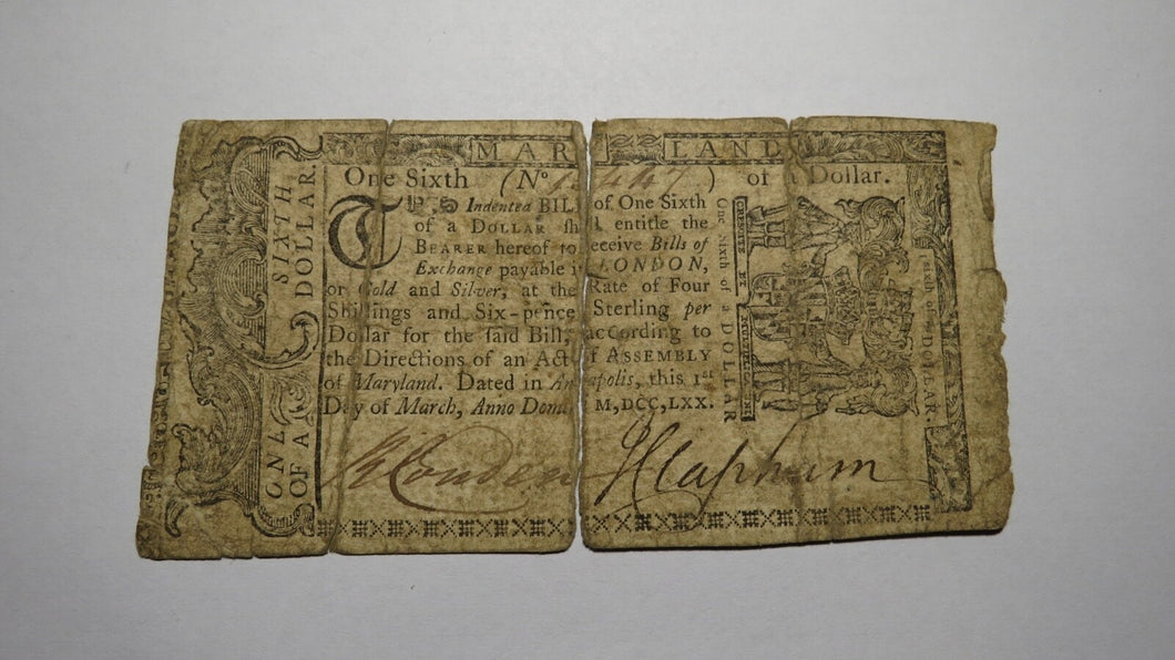 1770 $1/6 Maryland MD Colonial Currency Bank Note Bill RARE One Sixth Dollar!