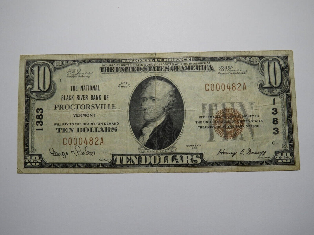 $10 1929 Proctorsville Vermont VT National Currency Bank Note Bill Ch #1383 FINE