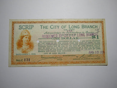 $1 1935 Long Branch New Jersey NJ Obsolete Currency Bank Note Scrip City of LB!