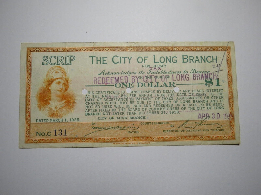 $1 1935 Long Branch New Jersey NJ Obsolete Currency Bank Note Scrip City of LB!