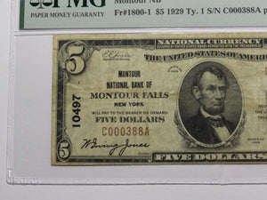 $5 1929 Montour Falls New York National Currency Bank Note Bill #10497 VF25 PMG
