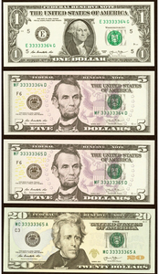 4 $1-$5-$5-$20 Matching Consecutive Serial Numbers Federal Reserve Bank Notes