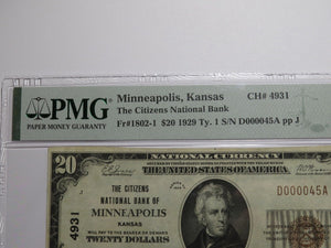 $20 1929 Minneapolis Kansas National Currency Bank Note Bill Ch. #4931 VF30 PMG