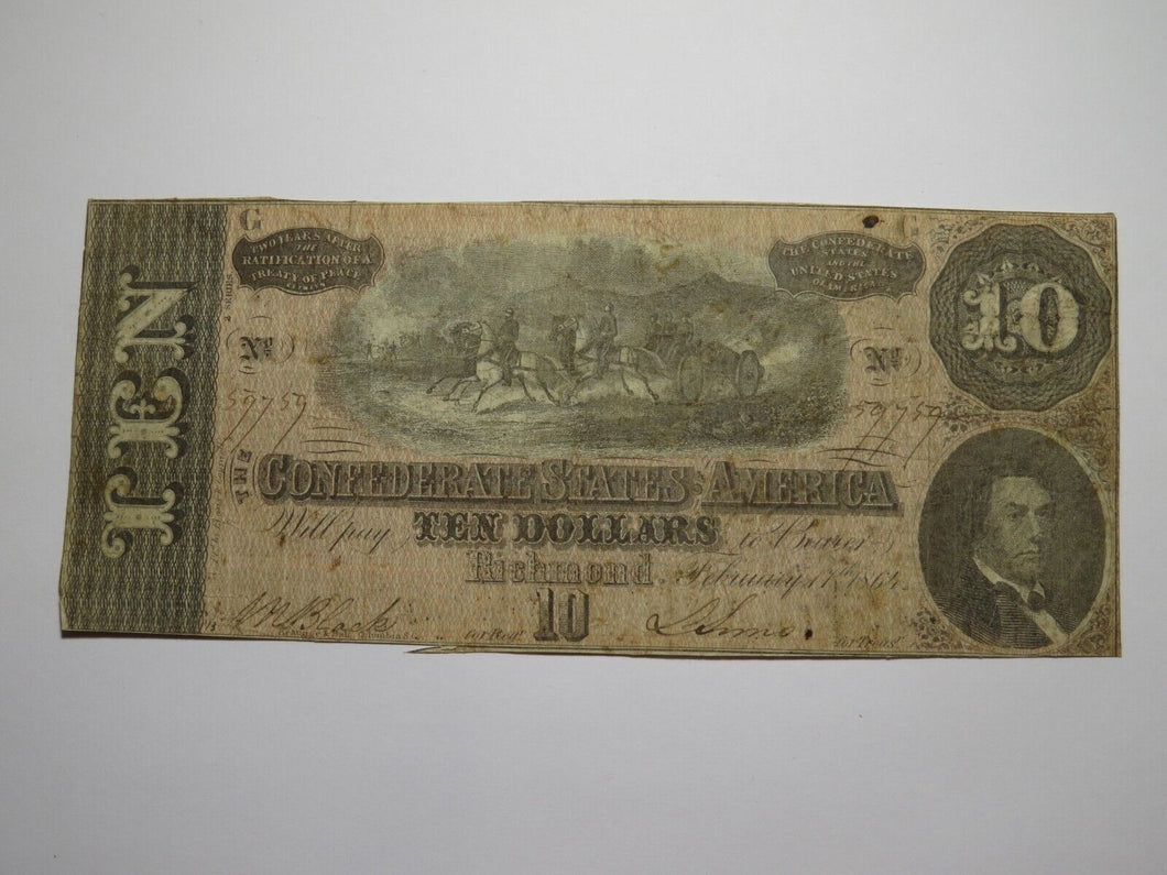 $10 1864 Richmond Virginia VA Confederate Currency Bank Note Bill RARE T68 VG