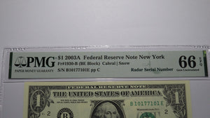 $1 2003 Radar Serial Number Federal Reserve Currency Bank Note Bill PMG UNC66EPQ
