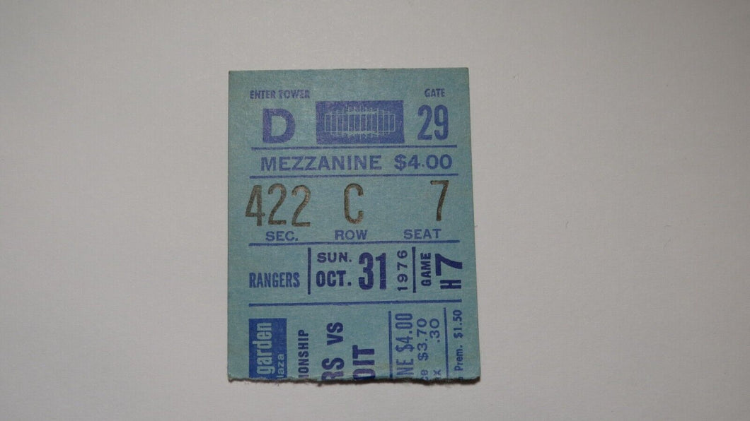 October 31, 1976 New York Rangers Vs. Detroit Red Wings NHL Hockey Ticket Stub