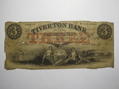 $3 1856 Tiverton Rhode Island RI Obsolete Currency Bank Note Bill Tiverton Bank