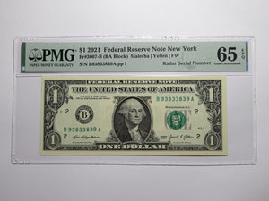 $1 2021 Radar Serial Number Federal Reserve Currency Bank Note Bill PMG UNC65EPQ