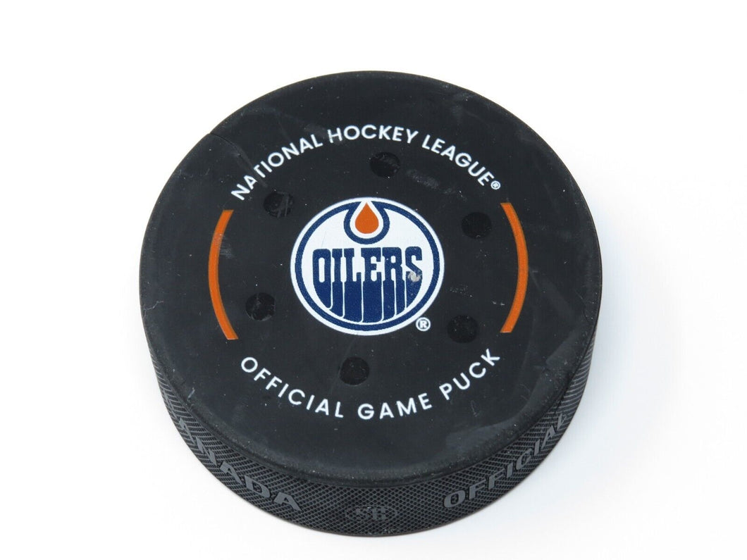 2022-23 Edmonton Oilers Vs. Carolina Hurricanes Game Used NHL Puck -McDavid 4 Pt