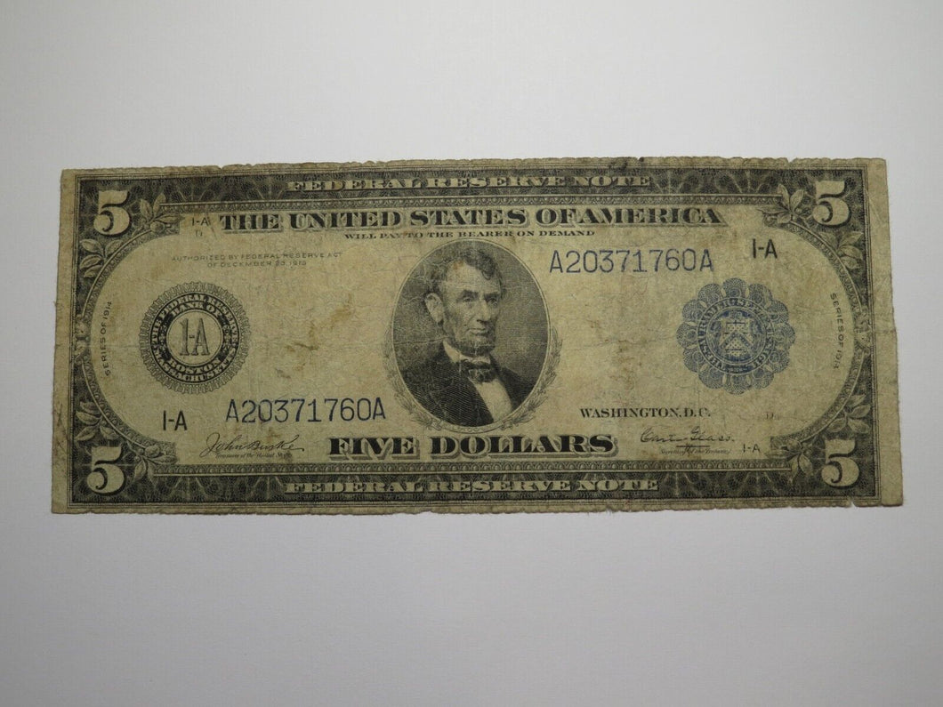 $5 1914 Boston MA Federal Reserve Large Bank Note Currency Bill Very Good