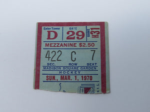 March 1, 1970 New York Rangers Vs. Chicago Blackhawks NHL Hockey Ticket Stub
