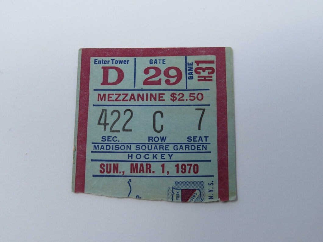 March 1, 1970 New York Rangers Vs. Chicago Blackhawks NHL Hockey Ticket Stub