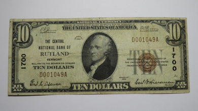 $10 1929 Rutland Vermont VT National Currency Bank Note Bill Charter #1700 VF