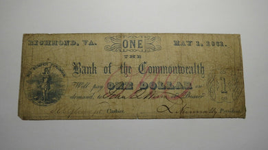 $1 1861 Richmond Virginia Obsolete Currency Bank Note Bill! Commonwealth of VA