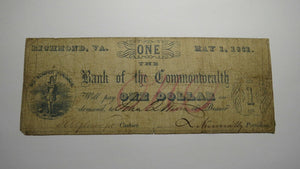 $1 1861 Richmond Virginia Obsolete Currency Bank Note Bill! Commonwealth of VA