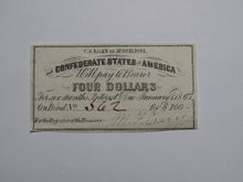 Load image into Gallery viewer, $4 1861 Confederate Bond Coupon Certificate Currency Bank Note Bill UNC