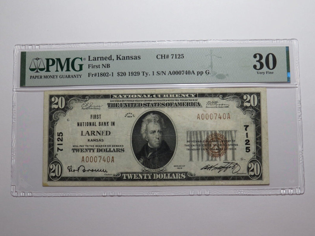 $20 1929 Larned Kansas KS National Currency Bank Note Bill Ch. #7125 VF30 PMG