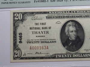 $20 1929 Thayer Kansas KS National Currency Bank Note Bill Ch. #9465 UNC64 PMG