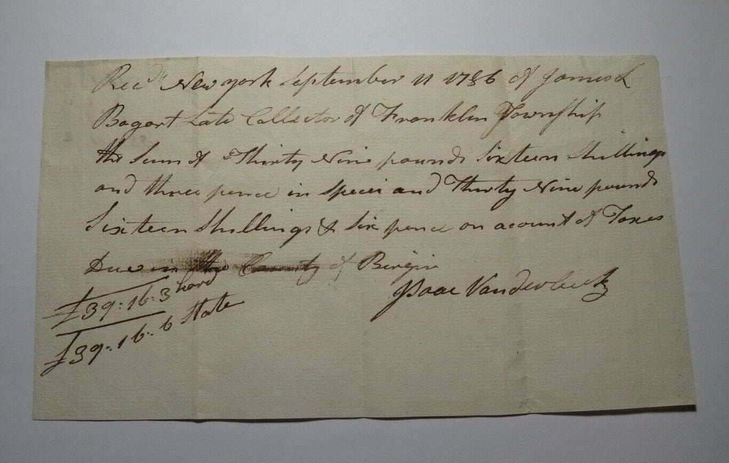 1786 New York NY Loan Document Colonial Currency Note Bill! Isaac Van der Beek