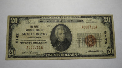 $20 1929 McKees Rocks Pennsylvania PA National Currency Bank Note Bill 5142 Fine