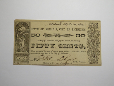 $.50 1862 Richmond Virginia Obsolete Currency Bank Note Bill City of Rich. UNC++