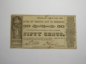 $.50 1862 Richmond Virginia Obsolete Currency Bank Note Bill City of Rich. UNC++