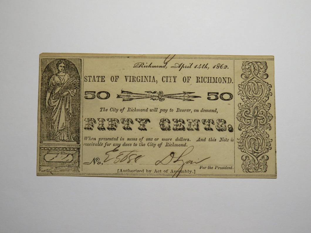 $.50 1862 Richmond Virginia Obsolete Currency Bank Note Bill City of Rich. UNC++