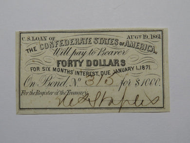 $40 1861 Confederate Bond Coupon Certificate Currency Bank Note Bill UNC