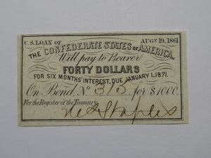 $40 1861 Confederate Bond Coupon Certificate Currency Bank Note Bill UNC