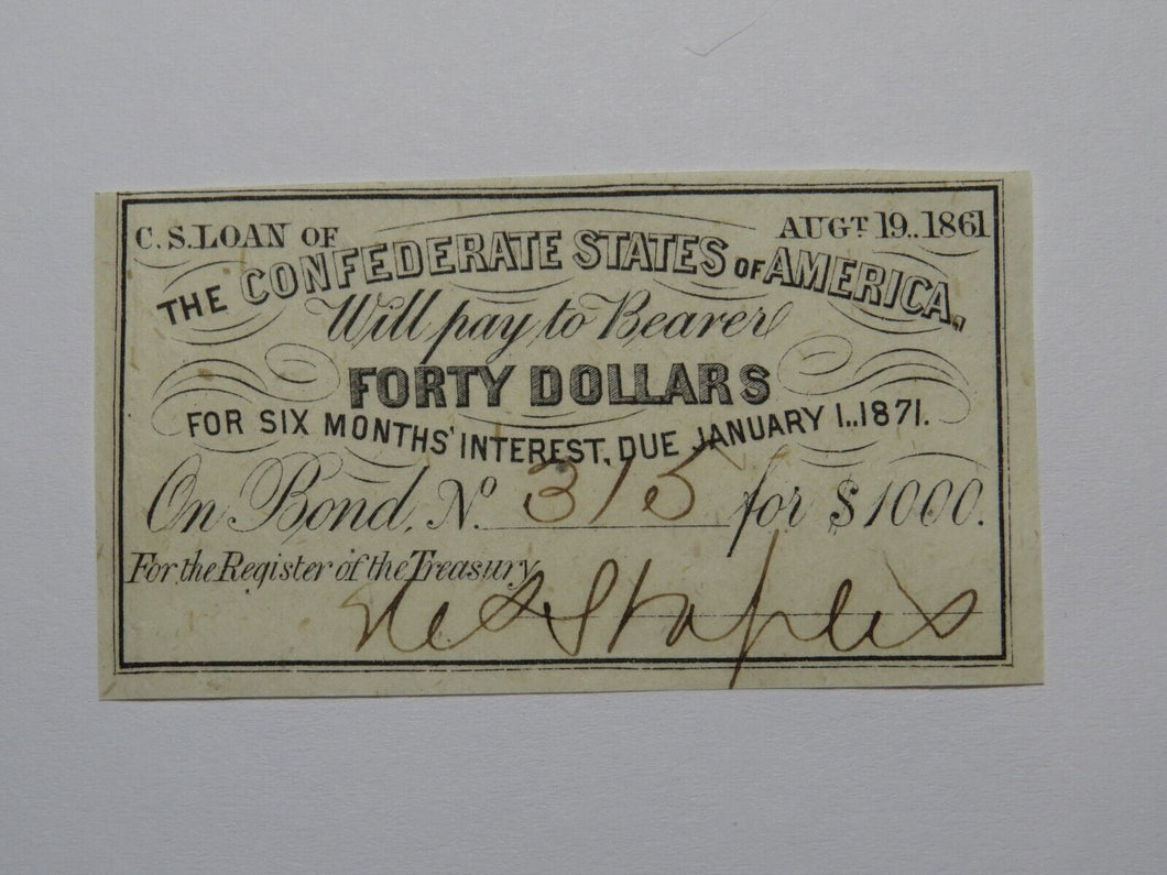 $40 1861 Confederate Bond Coupon Certificate Currency Bank Note Bill UNC