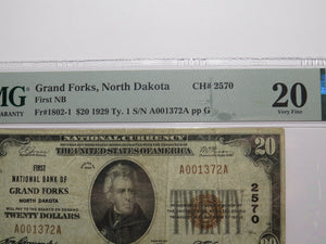 $20 1929 Grand Forks North Dakota National Currency Bank Note Bill Ch #2570 VF20