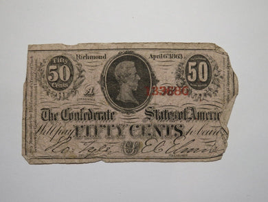 $.50 1863 Richmond Virginia VA Confederate Currency Bank Note Bill RARE T63