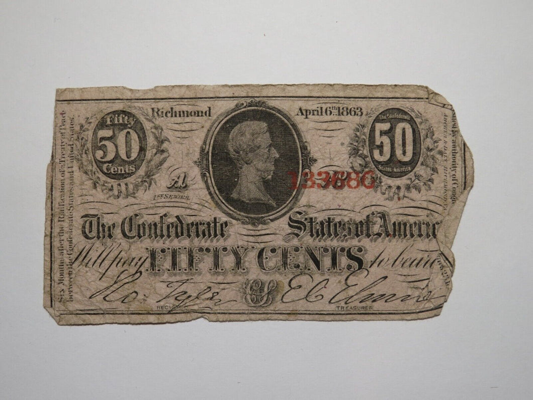 $.50 1863 Richmond Virginia VA Confederate Currency Bank Note Bill RARE T63