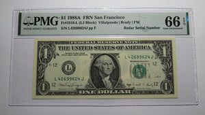 $1 1988 Radar Serial Number Federal Reserve Currency Bank Note Bill PMG UNC66EPQ