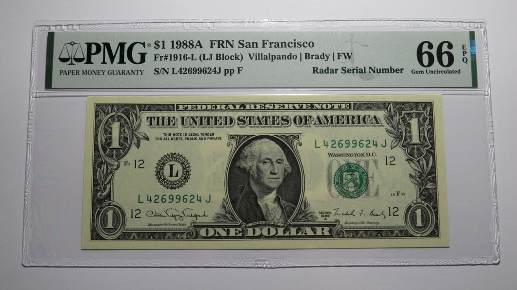 $1 1988 Radar Serial Number Federal Reserve Currency Bank Note Bill PMG UNC66EPQ
