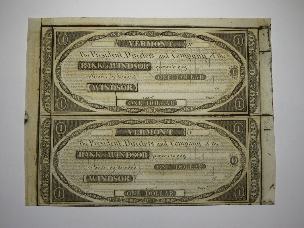 $1 18__ Windsor Vermont VT Obsolete Currency Uncut Bank Sheet Notes UNC++