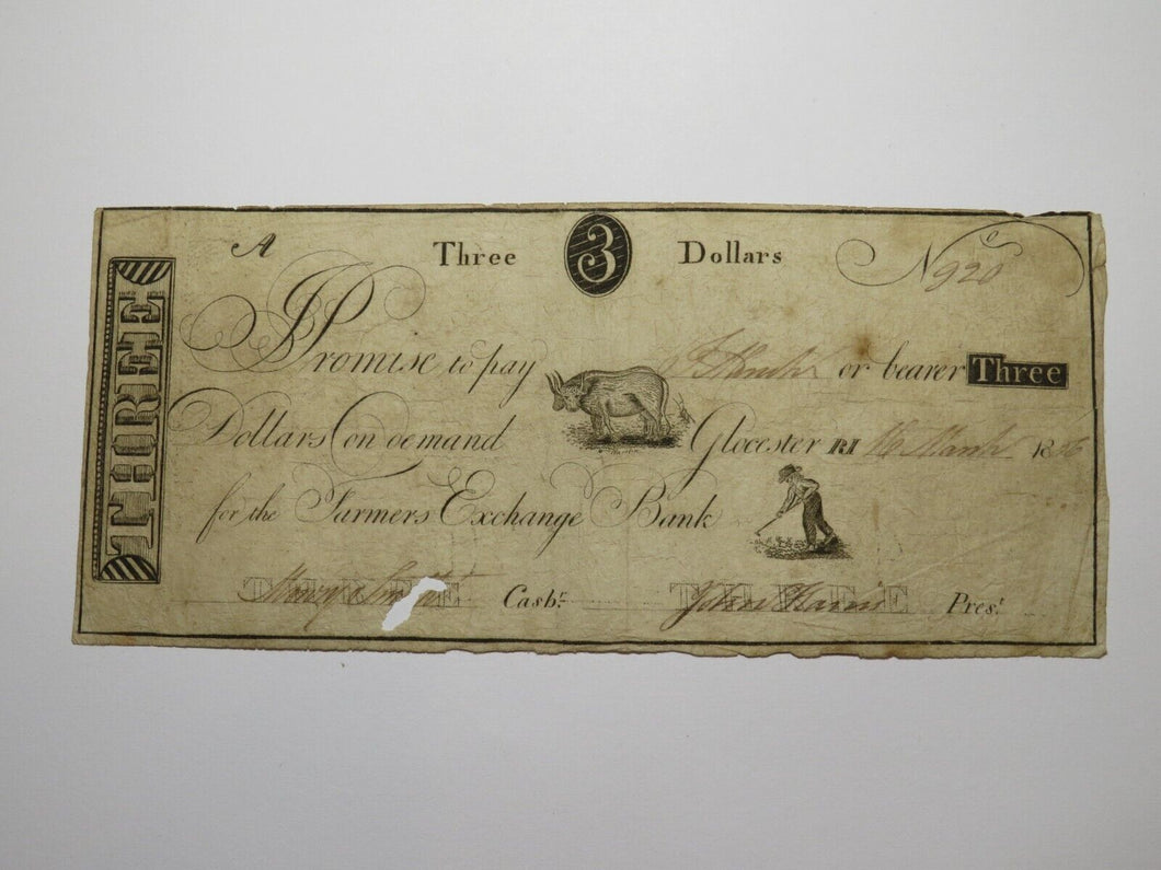 $3 1806 Gloucester Rhode Island Obsolete Currency Note Farmers Exchange Bank
