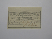 Load image into Gallery viewer, $40 1861 Confederate Bond Coupon Certificate Currency Bank Note Bill UNC