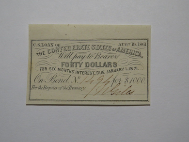 $40 1861 Confederate Bond Coupon Certificate Currency Bank Note Bill UNC