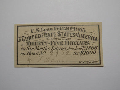 $35 1863 Confederate Bond Coupon Certificate Currency Bank Note Bill UNC