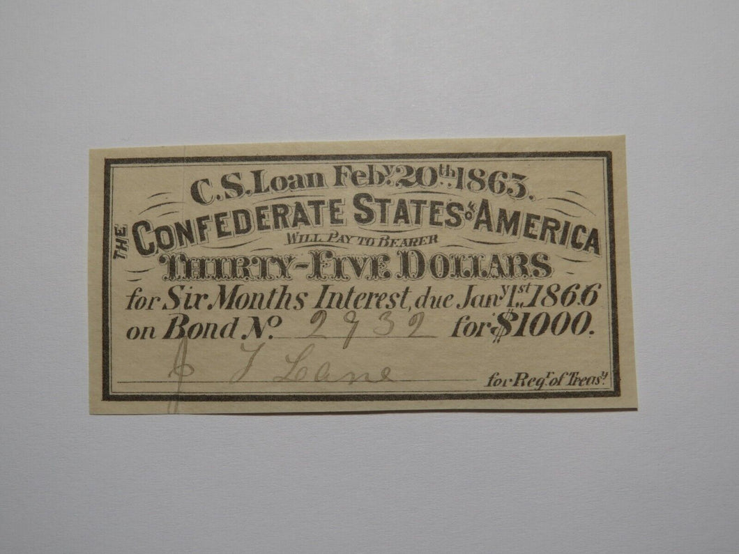 $35 1863 Confederate Bond Coupon Certificate Currency Bank Note Bill UNC