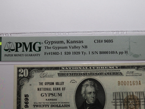 $20 1929 Gypsum Kansas KS National Currency Bank Note Bill Ch. #9695 VF35 PMG